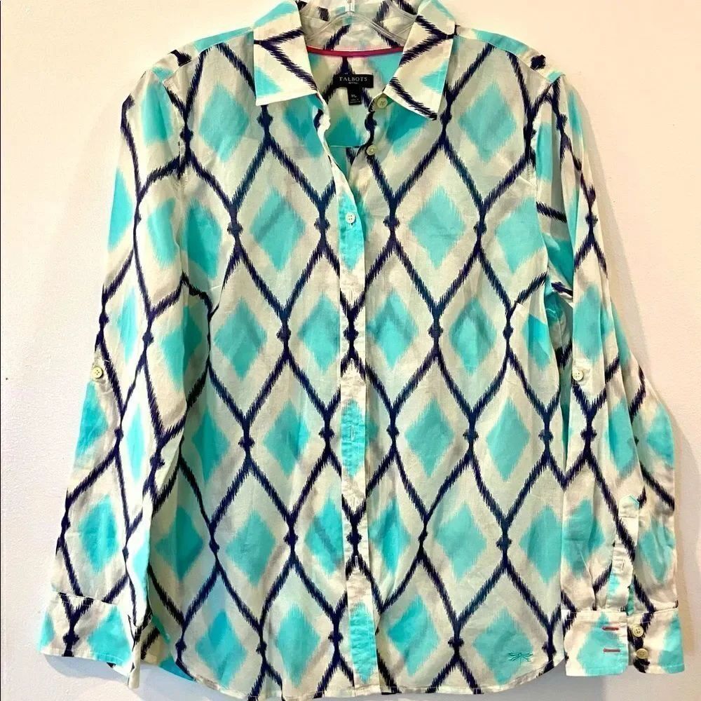 Talbots Aqua/Navy/White B/F Tab Sleeve Woman's Blouse Top Semi Sheer Sz MP
